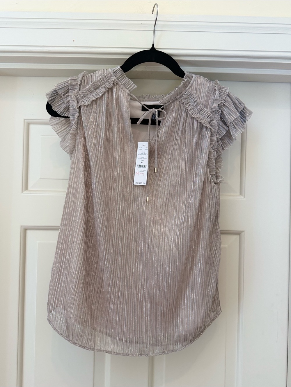 WHBM Women’s XS Metallic Mesh Blouse with Ruffle Cap Sleeves - NWT